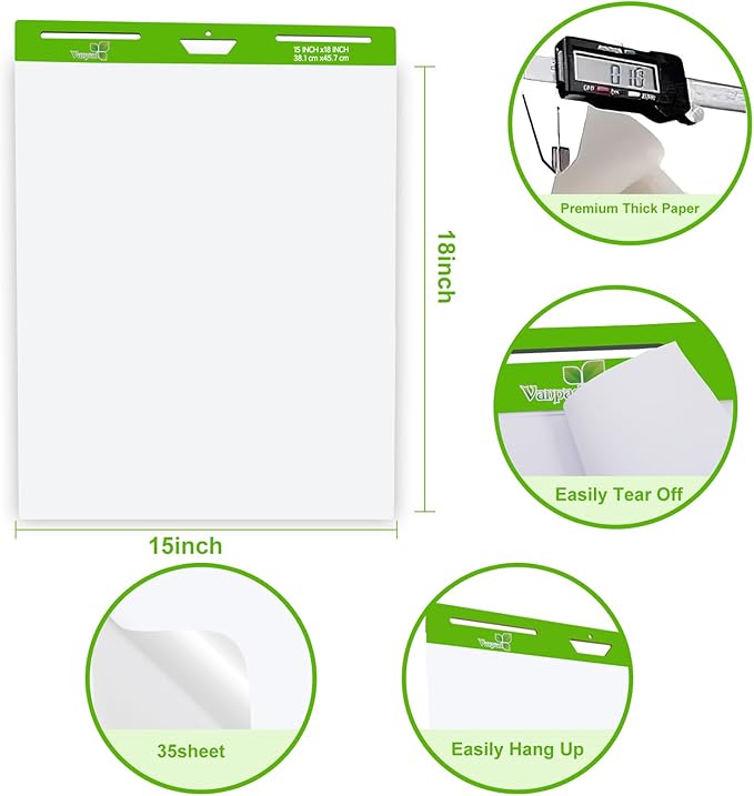 Sticky Easel Pad 15 in x 18 in, 35 Sheets/Pad, 4 Pads/Pack, 140 Sheets， Large White Sticky Easel Paper for Office and Classrooms, Flip Chart Paper for Teachers，Super Sticking Power & Bleed-Resistant