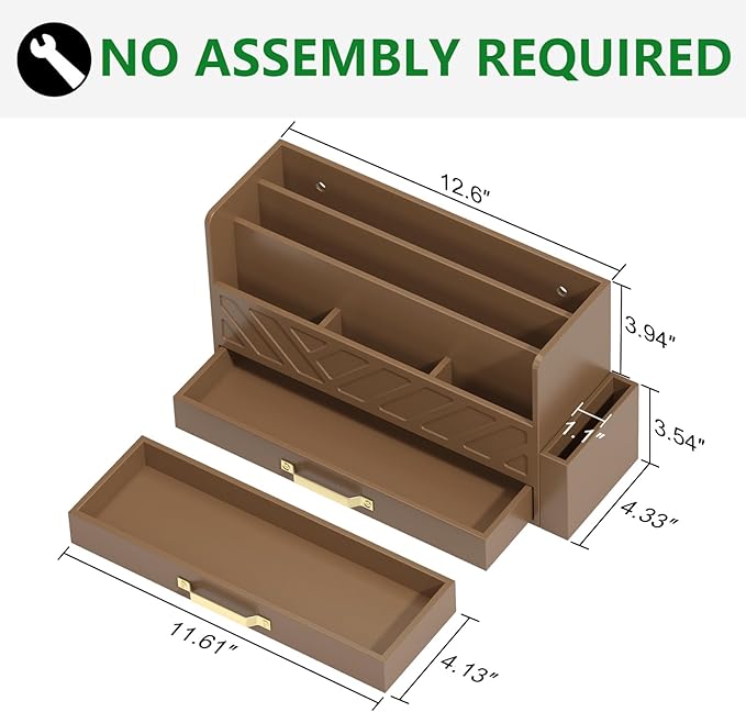 Bamboo Desk Organizer Mail Holder Countertop Wood Desk Drawer Tabletop Storage Box Pen Holder Letter Sorter Makeup Organizer for School Home Office Supplies with Pen Holder Brown