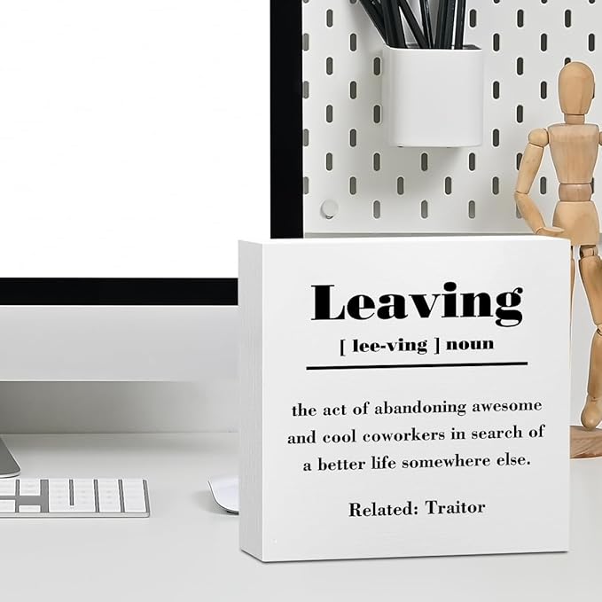 Funny Leaving Definition Office Supplies Rustic Desk Decor White Wooden Box Sign Farewell Gifts for Coworkers Farmhouse Wood Plaque Goodbye Retirement Gifts Cubicle Accessories Home Shelf Decorations