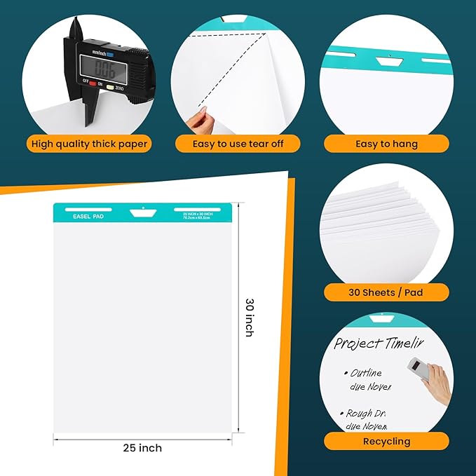 OLenyer Super Sticky Easel Pad, 25x 30IN, Large Self Stick Flip Chart Paper for Office School Classroom Supplies, 30 Sheets/Pad, 10 Pads/Pack, White