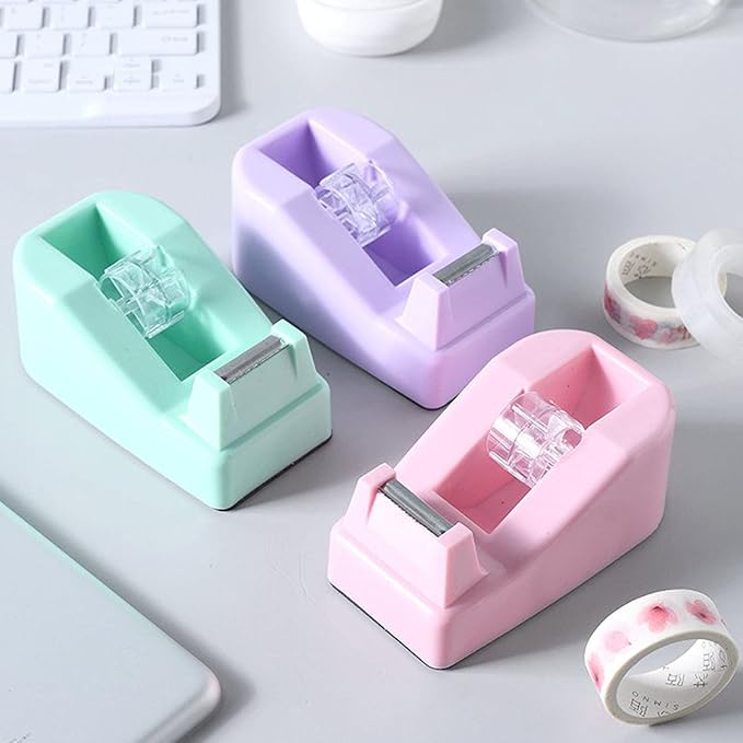 Desktop Tape Dispenser Heavy Duty Desk Accessories Floral Office Tape Dispensers, Weighted Non-Skid Base, Macaron Pink