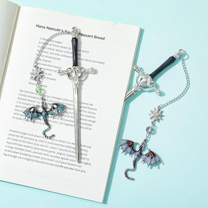 Fantasy Dragon Leather Corner Bookmark, Elegant Metal Dragon Charms Leather Page Saver, Chic Book Accessory for Bookworms, Great Gift for Dragon & Book Lovers (Dragon Sword A)