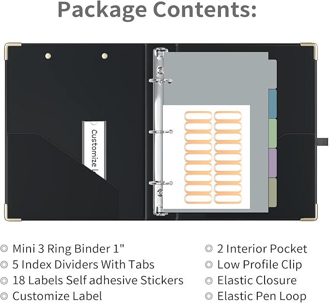 Ospelelf Mini 3 Ring Binder 1 Inch, Cute Binder for 5.5" x 8.5" with 5 Tab Dividers, File Folder Labels and Low Profile Clipboards, Black Binder for School Supplies and Office Supplies