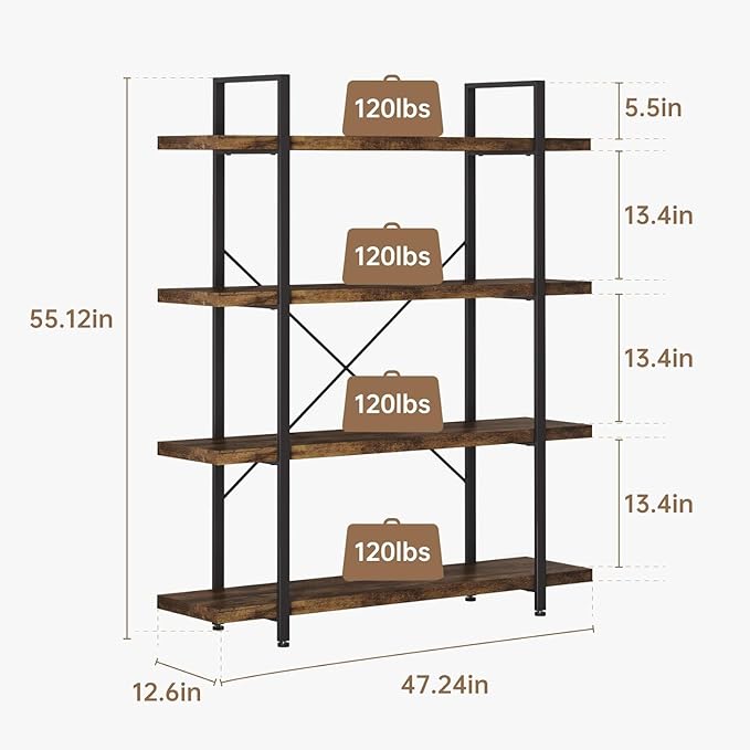 4 Tier Bookcase, 47 Inch Wide Wood Bookshelf, 120lbs Shelf Capacity, Rustic Open Shelving Industrial Display with Reinforced Horizontal Brown Shelves for Living Room Bedroom Office