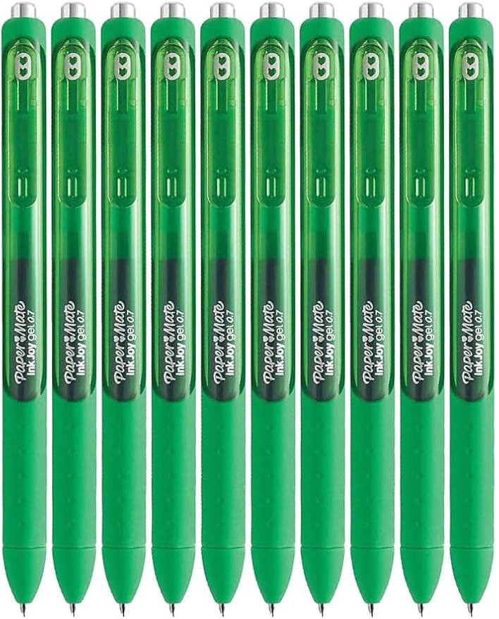 Paper Mate InkJoy Gel Pens, Green Ink, Medium Point (0.7mm), 10 Count, Bundle with Plastic Reusable Pouch