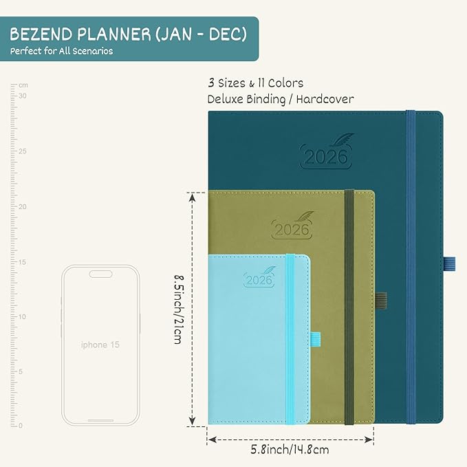 BEZEND 2026 Planner Weekly and Monthly (6" x 8.5") Daily Calendar with Half-Hourly Timeslots & Tabs (Jan-Dec) Note & Expenses, Pen Holder, Inner Pocket, Vegan Leather Hardcover - Sky Blue