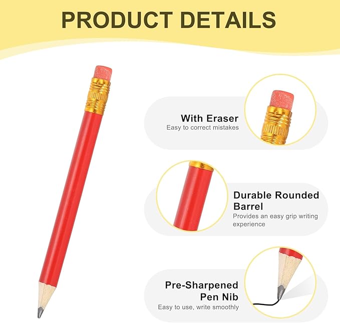 MECCANIXITY Golf Pencils with Erasers, 4" HB Mini Half Pencils Pre Sharpened Small Pens for Wedding Bridal Shower Game Office Writing Drawing(Wood Color/Red, Pack of 50)