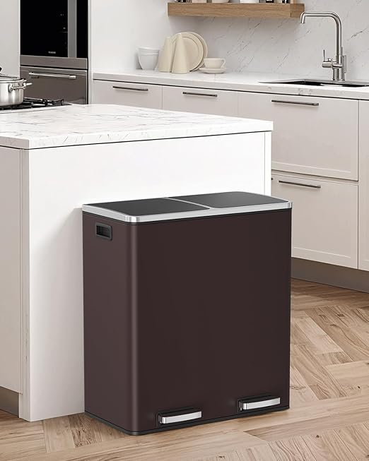 Arlopu 16 GallonStainless Steel Trash Can, 60L Dual Compartment, Metal Kitchen Step Recycle Bin, Metal Double Dustbin, in-Home Garbage Rubbish Can W/Removable Liner Buckets (Brown)