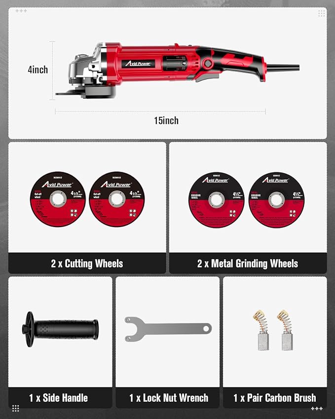 AVID POWER Angle Grinder 4-1/2 Inch 8.0 Amp 1000W Electric Grinder Tool 7-Variable-Speed Metal Grinder, 11,500 RPM, Paddle Switch with Lock-on Button, Cutting & Grinding Wheels and Side Handle