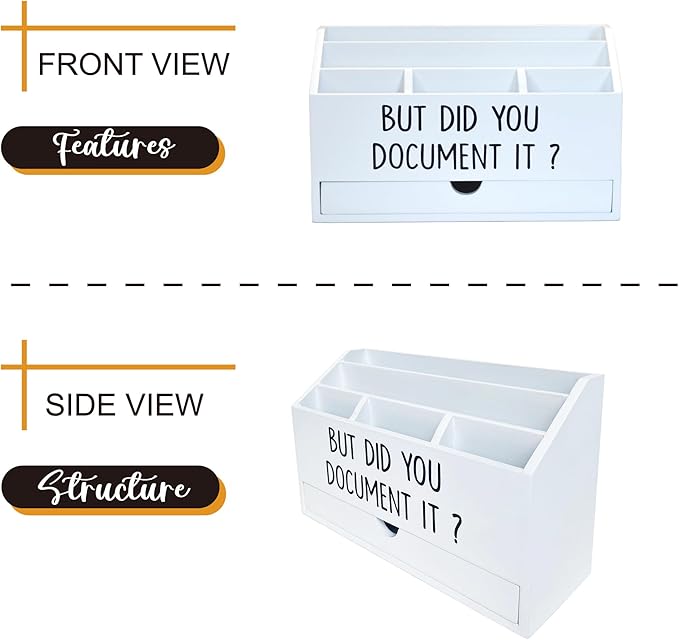 Wooden White Rustic Countertop Mail Storage Holder with Drawer and Compartments - Office Desk Accessories and Workspace Organizers - Desktop Sorter for Pen Stationery Letter Files Documents