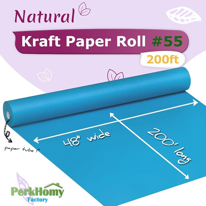 PerkHomy 48" x 2,400" (200') Lake Blue Kraft Paper Roll for Craft Bulletin Board Paper Art Table Covering Crafting Gift Wrapping Bouquet Packing Parcel 80GSM 55LB (Lake Blue, 48" x 200')