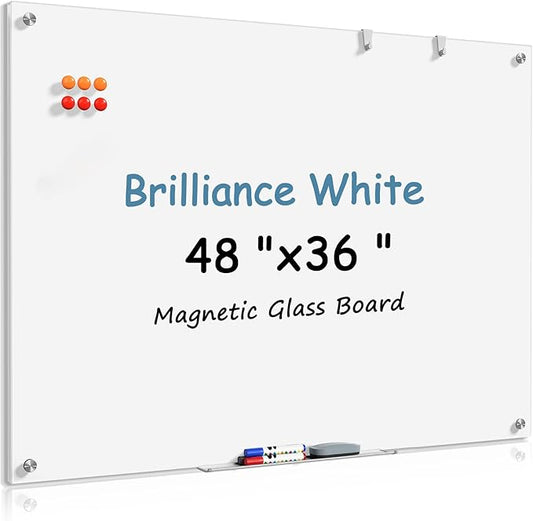 MaxGear Glass White Board 48x36 Inches Brilliance White Magnetic Dry Erase Board Wall Mounted Whiteboard, Large Frameless Whiteboard with 1 Eraser,3 Markers and 6 Magnets for Office, School, Home