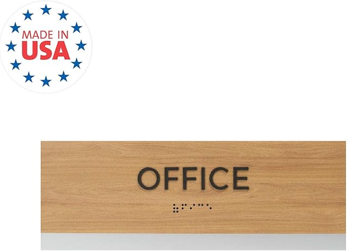 Office Sign With Braille/Small Business Easy Adhesive Mount Door And Wall Sign / 3" x 9" Oak Woodgrain Design