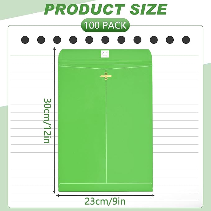 Geyee 100 Pcs Clasp Manilla Envelopes 9 x 12 Inch Gummed Colored Envelopes for Storing or Mailing for Home Office Business Supplies(Green)