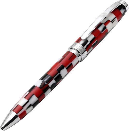 Xezo Urbanite II Ballpoint Pen, Medium Point. Sporty Red, Black, and White Checkered Acrylic on Brass. Chrome Plated. Handcrafted, Limited Edition, Serialized