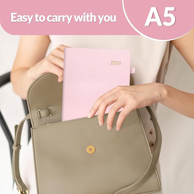 SUNEE 2026 Weekly & Monthly Hardcover Planner 5.5" x 8.3" - 12 Month (January 2026 - December 2026), Small Hardcover Planner, Pocket, Notes, 100 GSM Paper, Pink