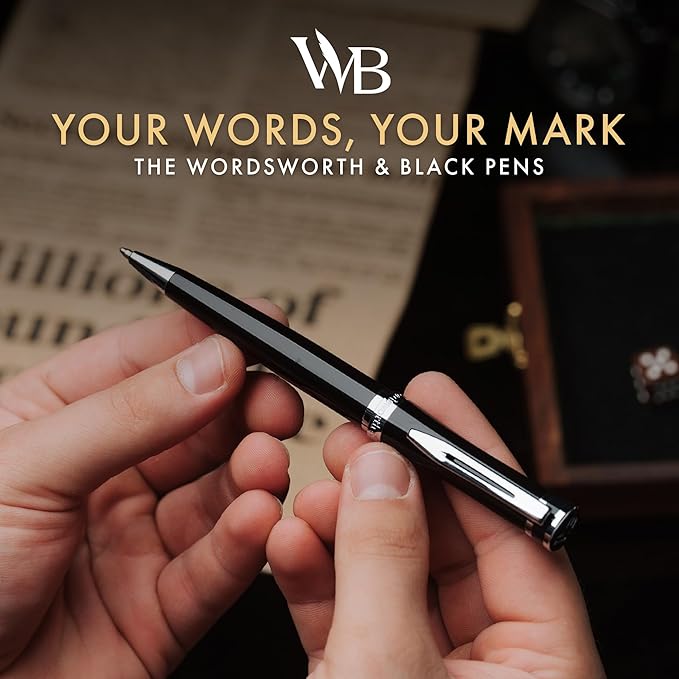 Wordsworth and Black Ballpoint Pen Black Lacquer- Stunning Luxury Pen Chrome Finish, Ink Refill, Best Gift Set for Men & Women, Refillable, Elegant, Nice Pens, Fine Point