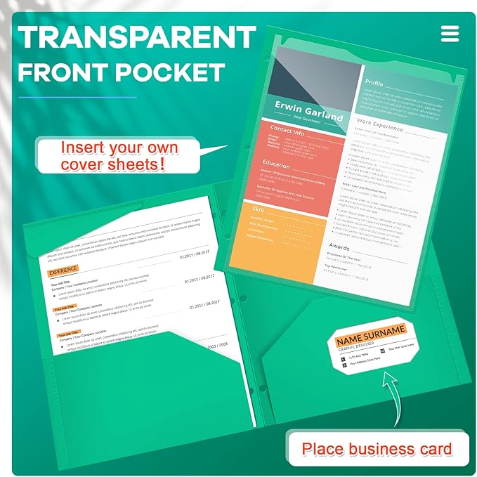 Henoyso 60 Pcs 2 Pocket Plastic Folders with Clear Front Pocket 3 Hole Punched File Folder Letter Size Take Home Documents Holder for Paper Holder Office Business Back to School Supply (Green)