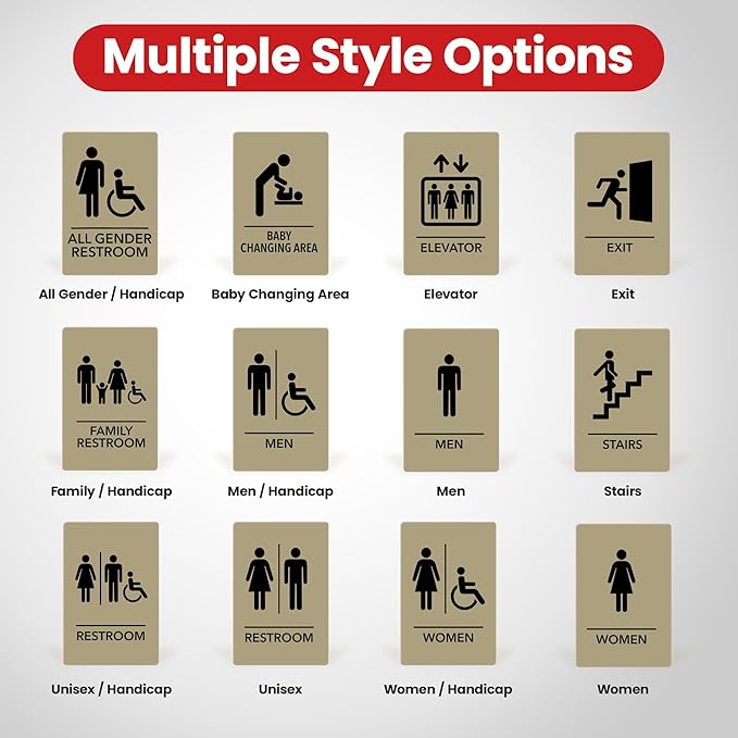 Promot Men and Women Handicap Restroom Sign – ADA Braille Bathroom Sign for Business, Self-Adhesive, 9" x 6", Commercial Door Signage, Office Wall Decor - Taupe