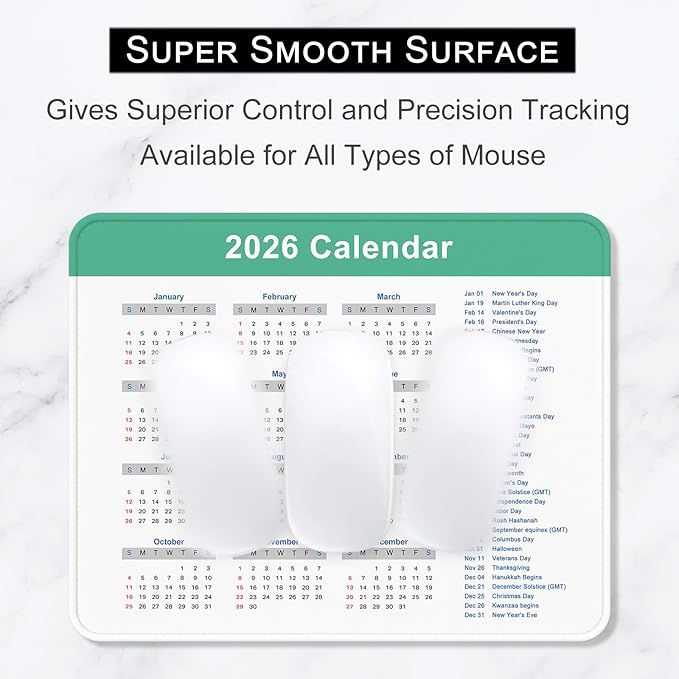 2026 Calendar Mouse Pad, Square New Year 2026 Mousepad 10.2 x 8.3 Inch, Stitched Edge Anti-Slip Waterproof Rubber Computer Mat for Office, Gaming, Laptop, New Year Office Supplies Gift, Green