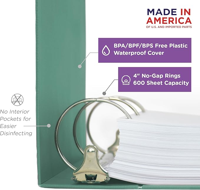 Carstens 4-Inch Heavy Duty 3-Ring Binder - Side Opening, Mint, Durable Plastic, No-Gap Rings, Waterproof Cover, No Pockets, Holds 600 US Letter Sheets, BPA-Free, Made in USA (1844-3R), Case of 10