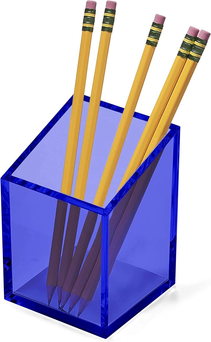 OfficeGoods Acrylic Pen & Pencil Holder - Modern Trapezoid Design - Beautiful Desk Organizer for Home or Office - Contrasting Metal Base - 3" Square w/ 3.5" Front & 4.5" Back - Blue