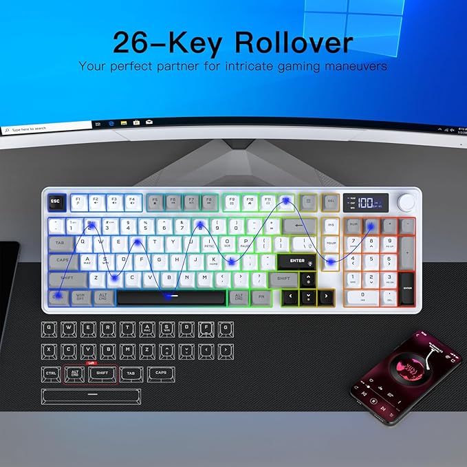 Wireless Gaming Keyboard with Smart Display & Knob Control, Tri-Mode BT5.0/2.4GHz/Type C RGB Backlit Computer Keyboards with Number Pad, 26-Key Rollover, Compatible for Windows, Mac