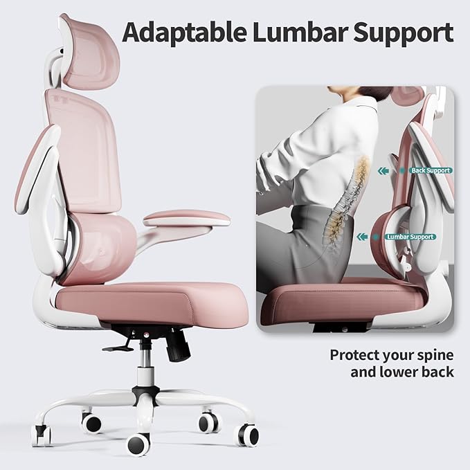 TRALT Office Chair Ergonomic Desk Chair, 330 LBS Home Mesh Office Desk Chairs with Wheels, Comfortable Gaming Chair, High Back Office Chair for Long Hours (Pink)