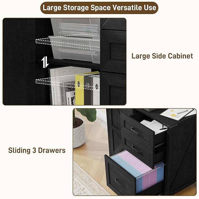 Lateral File Cabinet with 3 Drawers, Farmhouse File Cabinet for Letter/A4 Size Hanging Files, Large Wood File Storage Cabinets Printer Stand for Home Office Furniture, Black