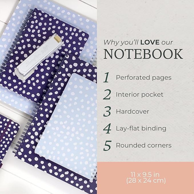 Steel Mill & Co Cute Large Spiral Notebook College Ruled, 11" x 9.5" with Durable Hardcover and 160 Lined Pages, Navy Dots