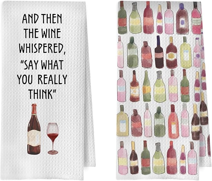 Funny Wine Kitchen Towels - Wine Gifts Dish Towels for Kitchen Decor, Bartender Gifts for Women Decorative Waffle Hand Tea Towel, 16x24 Inches Set of 2
