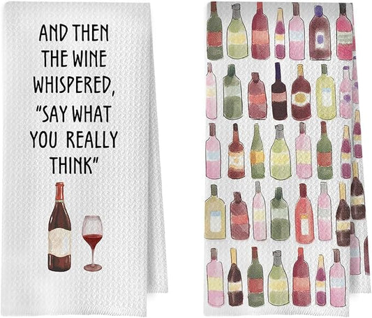 Funny Wine Kitchen Towels - Wine Gifts Dish Towels for Kitchen Decor, Bartender Gifts for Women Decorative Waffle Hand Tea Towel, 16x24 Inches Set of 2