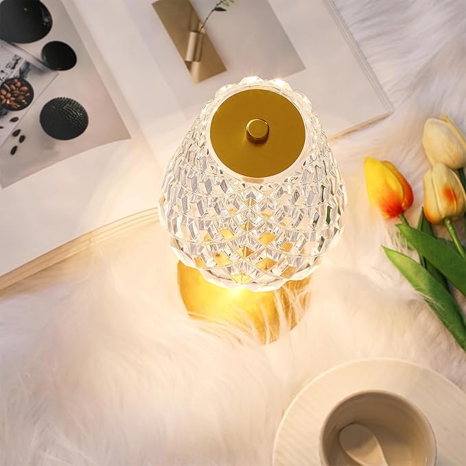 Liliful 4 Pcs LED Portable Cordless Table Lamp Touch Battery Operated Rechargeable Gold Desk Lamp 3 Color Dimmable for Bedroom Living Room Dining (Gold,Diamond Style)
