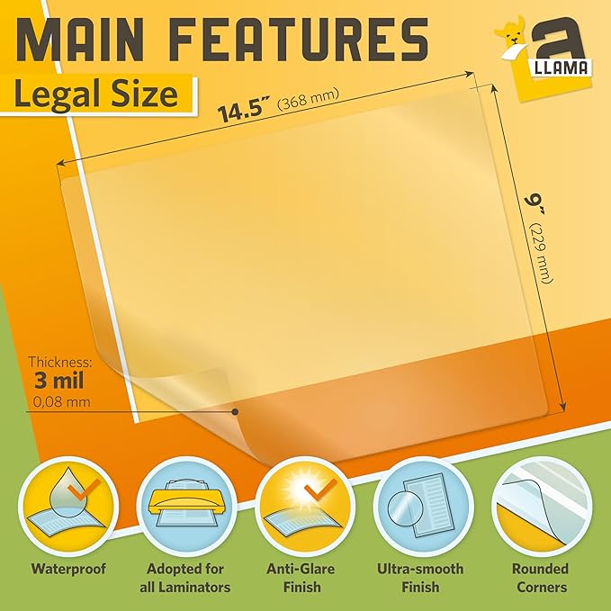 Matte Laminating Sheets 9” x 14.5”, 3 Mil Thick, 50 Pack, Legal Size Matte Thermal Laminating Pouches 8.5 x 14
