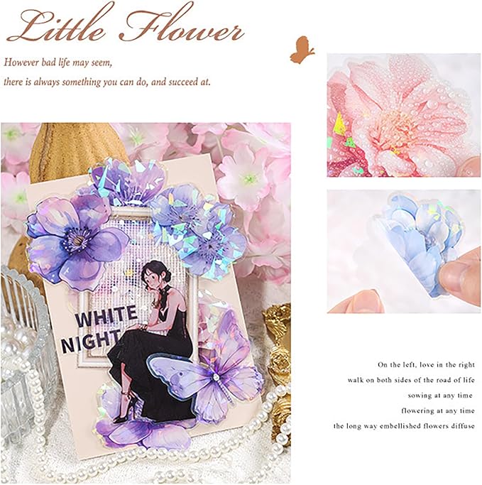 Doraking 60 Pieces Glitter Shiny Flower Stickers for Journaling, Waterproof Decorative Decal for Scrapbooking Supplies Journal Planners Art Crafts Photo Album Decor (Pink)