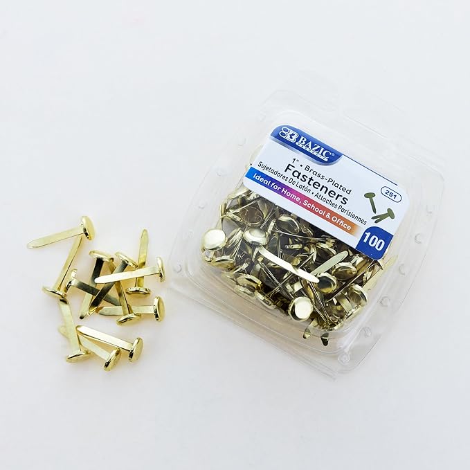 BAZIC Products Brass Plated Fasteners 1 Inch, Round Head Paper Fastener Brads for Office School Organization Scrapbooking Art and Crafts (100/Pack), 2-Pack