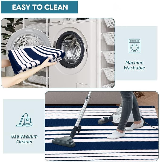 OJIA Washable Area Rugs 4'x6', Cotton Woven Indoor Outdoor Rugs Striped Patio Rugs Entryway Rug Carpet Large Area Rugs for Bedroom/Porch/Deck/Backyard/Camping/Living Room