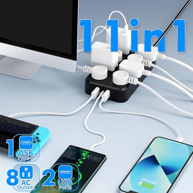 Outdoor Power Strip Weatherproof, Waterproof Surge Protector with 8 Wide Outlet with 3 USB Ports, 6FT Extension Cord,1875W Overload Protection,Outlet Extender for Christmas Lights ETL Listed Black