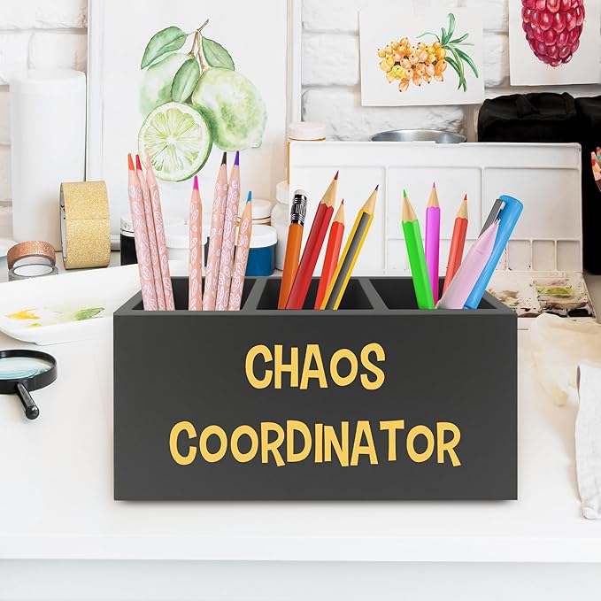 Chaos Coordinator Black Yellow Pen Pencil Holder Organizer for Desk, Thank You Gifts for Women Men Coworkers Boss Leader Manager, Appreciation Gifts Wooden Box Sign for Desk Tabletop Decorations