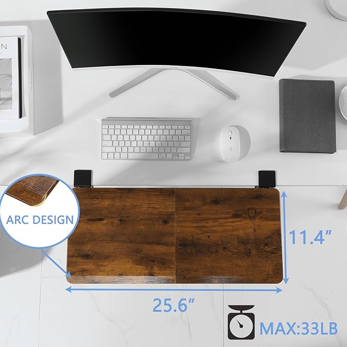 ETHU Ergonomics Desk Extender Tray, 25.5"x11.4" Large Size Foldable Keyboard Drawer Tray Clamp On, Armrest Support for Home and Office (Wood)