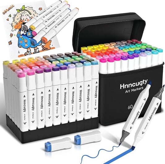 Alcohol Markers 60 Colors, Dual Tips Coloring Art Markers Set with Case & Holders, Chisel & Fine Artist Sketch Pens Art Supplies for Kids Adult Coloring Books, Drawing, Painting, Sketching