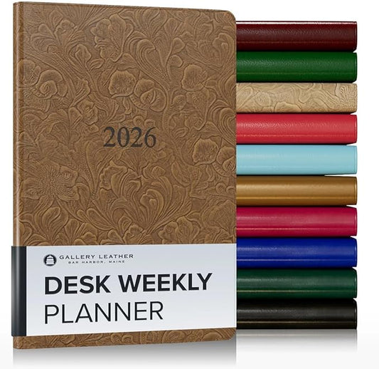 Gallery Leather Desk Weekly Monthly Planner 2025-2026, Elegantly Bound Calendar Planner and Notebook with Stylish Gold-Gilded Page Edges, 12 Months - Floral Espresso - 8 x 5.5 "