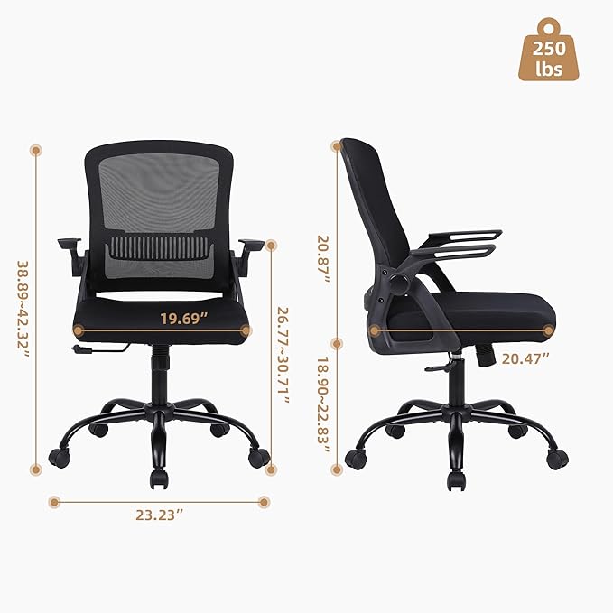 Office Chair, Ergonomic Desk Chair with Lumbar Support, Breathable Mesh Chair with Flip-up Armrests and Mid Back, Comfy Task Computer Height Adjustable Swivel Chair (1, Black)