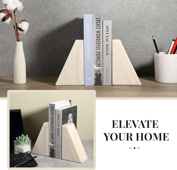 Koville Marble Bookends for Shelves, Large Bookends for Heavy Books, Non-Slip 7Lbs Stone Book Ends for CD/Movies, Modern Decorative Bookends for Shelves Table Home Decor(Navona)