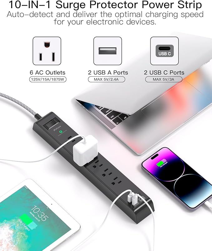 Surge Protector Power Strip 10 ft with 4 USB Ports 2 USB-C 6 AC Outlets, Flat Plug Extension Cord, USB Charging Station, Wall Mountable for Home, Office, Dorm Essentials, 1080J, ETL Listed, Black