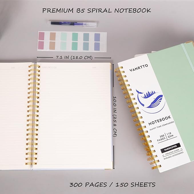 Spiral Notebook, Hardcover B5 College Ruled Notebooks, 300 Pages Notebooks for Work and School, 110 GSM Thick Papers Journals for Writing, Office Supplies for Women and Men Blue B5