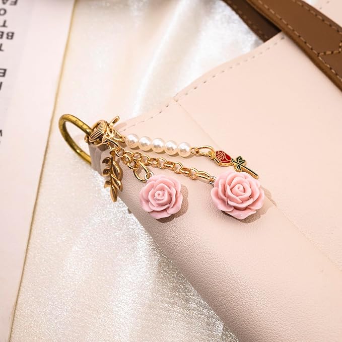 Rose Purse Charms Cute Flower Keychain With Heart Sticker Charm Chain For Kindle Colorful Bag Charms For Handbags