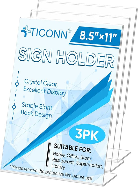 TICONN 8.5 x 11 Acrylic Sign Holder, L Shape Clear Sign Stand for Displaying, Plastic Paper Holder for Office, Store, Restaurant (Vertical 3 Pack)