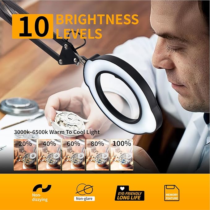 12X Magnifying Glass with Light and Clamp, 84 LEDs 5 Color Modes Stepless Dimmable LED Desk Lamp, Desk Magnifying Glass with Light for Crafts Reading Painting Sewing Repair Close Work