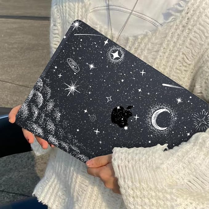 for 2022 2023 2024 2025 MacBook Air 13.6 inch Case M4 A3240 M3 A3113 M2 A2681 Cover, Glitter Black Printed Pattern Plastic Hard Shell Case Keyboard Cover for Mac Air 13.6 2025, Stars & Moon